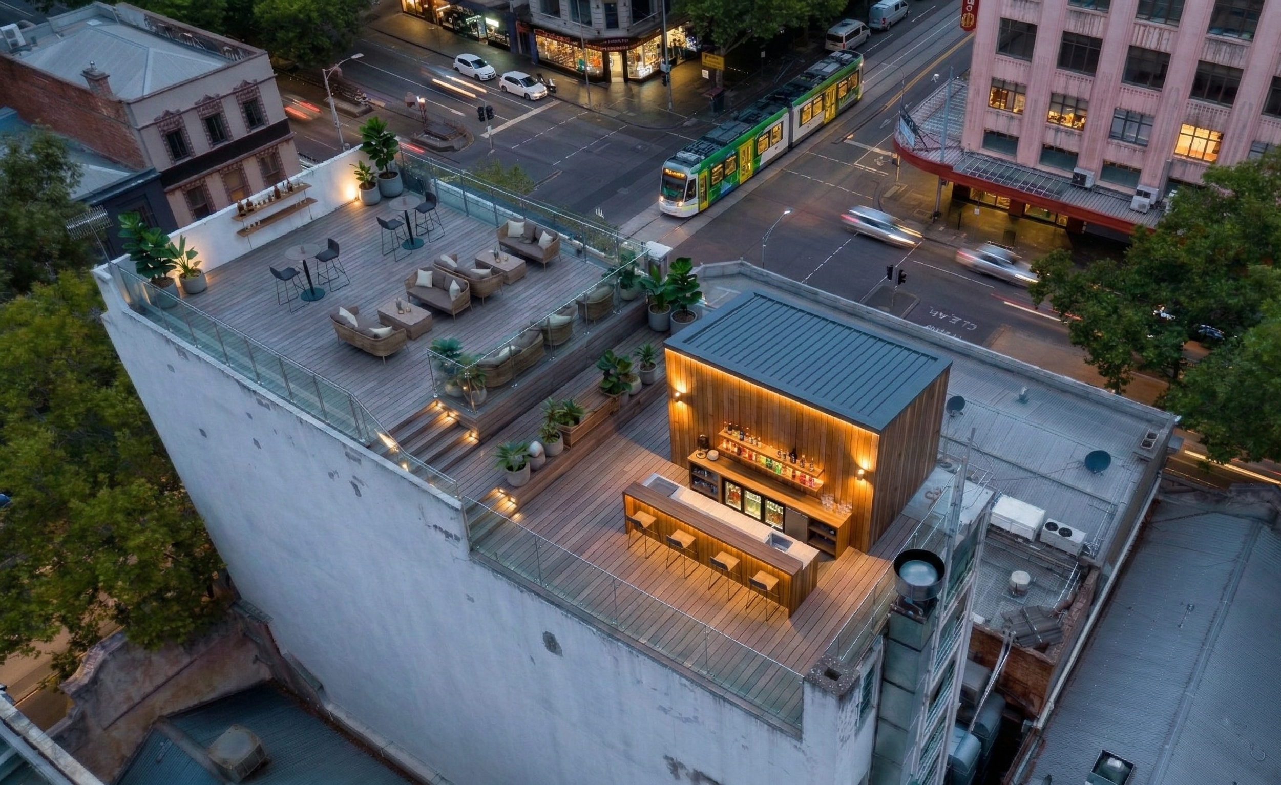 Rooftop hospitality concept lit at dusk in Melbourne CBD